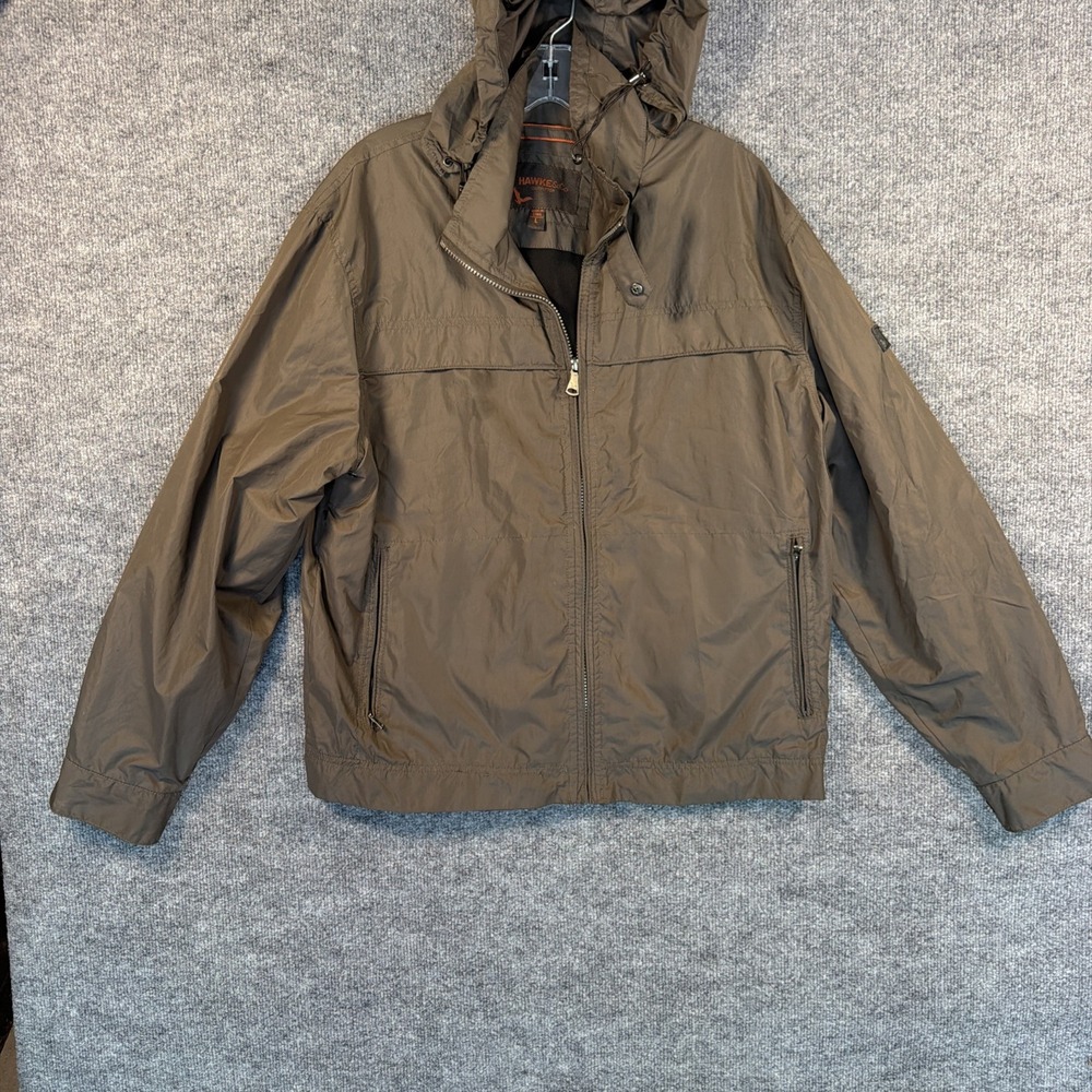Mens Large Jacket, Hawke & Co, Brown, Windbreaker Hooded Full Zip
